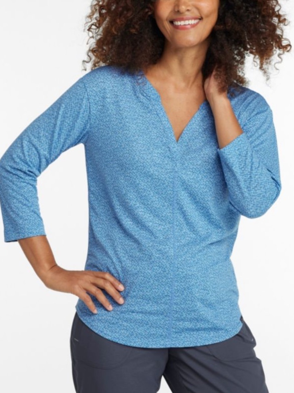 LL Bean blue patterned vneck 3/4 sleeve top
